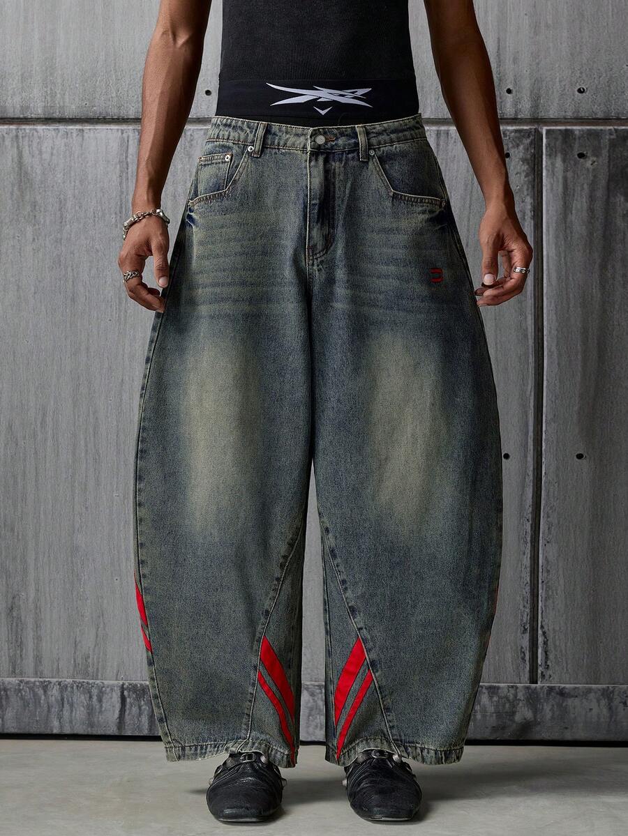 NEON BLANC Men's Casual Washed Red Webbing Curved Leg Denim Jeans Men Wide Leg Jean Drip Jeans - Blue - View 1
