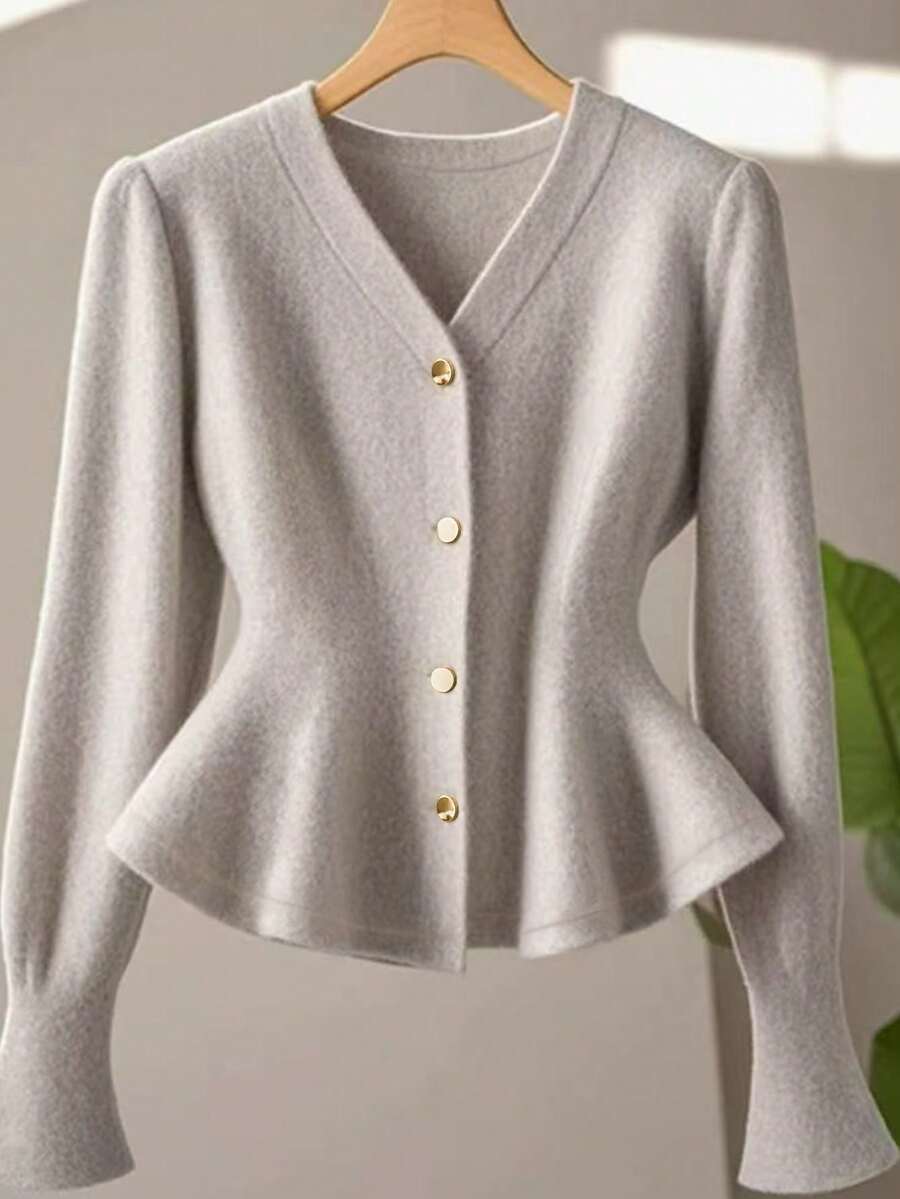 GlowEve V领金属纽扣腰部荷叶边下摆加长袖女式开衫 - 淺灰色 - 查看 1