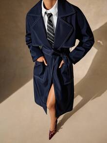 EURMUSE Women's Navy Blue Long Trench Coat – Contrast White Piping, Belted Waist, Wide Lapel, Full-Length Elegant Overcoat Fake Denim Fabric - Navy Blue - View 6