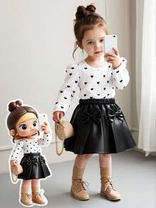 婴儿/幼儿男女通用0-3岁白色圆领长袖爱心印花上衣和纯黑色裙子两件套，适合外出、休闲穿着和派对。 - 黑與白 - 查看 7