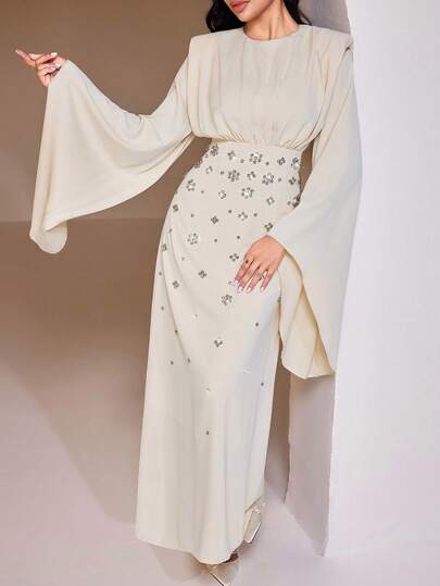 Veilorie Women's Round Neck Flare Sleeve Rhinestone Floral Decor Elegant Arabic Style Dress Dress Modest Arabic Dress