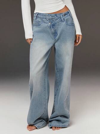 Athîral Women's Casual Commuting Daily Office Vacation Asymmetrical Wide Leg Jeans, Asymmetrical Waist Design, Blue Denim, Street Wear, Retro Wear, Outdoor Wear, Blue Pants