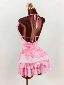 Amplova Vestido mini con escote en V profundo, volantes, lazo y estampado floral con volante en el bajo - Rosa - Ver 2