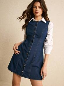 Poéselle Women's Round Neck Single-Breasted Casual Sleeveless Denim Dress  Valentine - Dark Wash - View 7