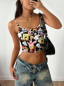 SpongeBob SquarePants | SHEIN Top corto sin mangas de ajuste ceñido negro, cómodo y casual de verano con patrón divertido de dibujos animados de Patrick, Squidward, Sr. Krabs, Sandy, Gary, Plankton para mujeres - Blanco - Ver 5