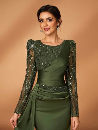 Serin Sequin Patchwork Gigot Sleeve Pleated Design Patchwork Ribbon Elegant Mother Of The Bride Dress