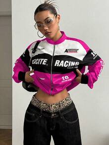 SHEIN PETITE Letter Print Contrast Color Drop Shoulder Bomber Jacket For New Year Clothes Fall Winter Cloth For Women - Hot Pink - View 5