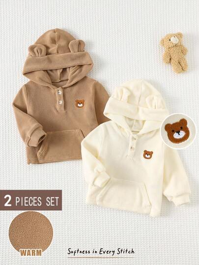 Cozy Pixies Newborn Baby Girl 2pcs/Set Cartoon Bear Pattern Hooded Long Sleeve Pullover Top, Winter Baby Outfits Unisex For Fall Neutral Baby Clothes Unisex