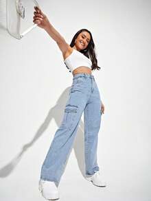 Pantalones cargos rectos gris sólidos, casuales y elegantes para mujer adecuados para uso diario, oficina, citas y vacaciones. - Azul - Ver 3