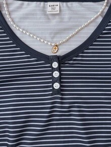 Teen Girl Striped Collar Contrast Button Front Short Sleeve Casual T-Shirt