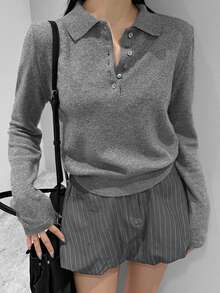 DAZY 舒适高档翻领秋冬优雅短款高领毛衣（女款） - 灰色 - 查看 5