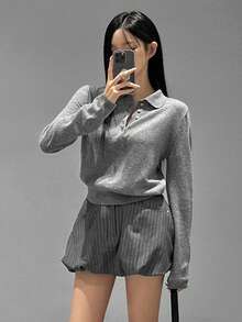 DAZY 舒适高档翻领秋冬优雅短款高领毛衣（女款） - 灰色 - 查看 8