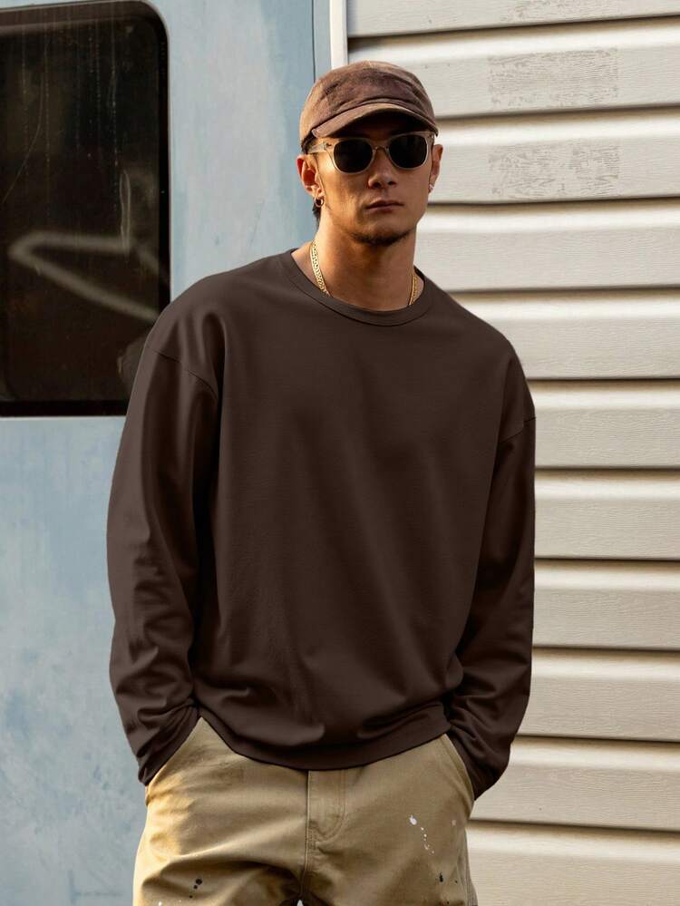 Men's Casual Versatile Crew Neck Brown T-Shirt, Autumn