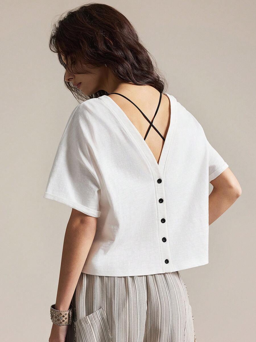 Easelle Camiseta de algodón blanco ajustada informal para mujer - Blanco - Ver 1