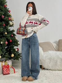 SHEIN PETITE Women's Pocket Loose Wide Leg Casual Versatile Denim Pants - Medium Wash - View 6