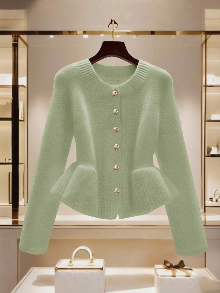 GlowEve Áo khoác cardigan ngắn bo eo viền bèo nhún thời trang cho nữ, trang trí nút kim loại độc đáo, áo len trắng sang trọng - Màu xanh Bạc hà - Xem 1
