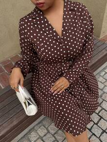Dripcurv Plus Size Brown Polka Dot French Midi Dress For Autumn,Classique Date Night,New Year Look,Teacher Outfits,Business Work Uniforms - Multicolor - View 7