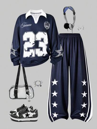 SHEIN ChillGRL Genkimix Kids Girls 2-Piece Set: Minimalist Fashion Numeric & English Print V-Neck Polo Collar Long Sleeve Top Paired With Star Print Straight Leg Pants, Regular Thickness Fall Clothing, Suitable For Spring/Autumn Daily Wear