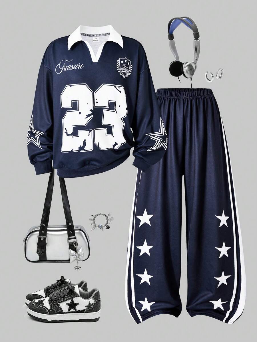 SHEIN ChillGRL Genkimix Tween女孩2件套:極簡時尚數字與英文印花V領POLO領長袖上衣,搭配星星印花直筒長褲,適中厚度,適合春秋日常穿著 - 藏蓝色 - 查看 1