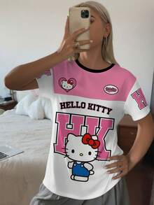 HELLO KITTY AND FRIENDS | SHEIN Áo thun tay ngắn cổ tròn in hình hoạt hình, thoải mái, phong cách thể thao thường ngày, hồng và trắng, xuân/hè, nữ - trắng - Xem 5