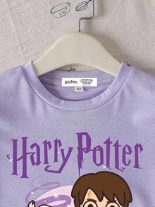 HARRY POTTER X SHEIN 青少年女孩休闲卡通字母图案短袖T恤，适合夏季 - 淡紫色 - 查看 4