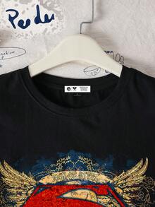 SUPERMAN X SHEIN 女士休闲宽松圆领短袖T恤，适合夏季 - 黑色 - 查看 3