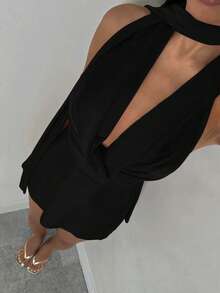 Glamine Elastic Satin V-Neck Backless Party Mini Dress For Women Low Cut Dress Black Dress Short Sexy Dress Dinner Black Satin Dress Black Silk Dress Christmas Party Dress - Black - View 3