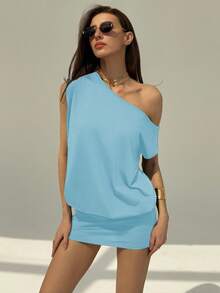 Aloruh Modern Sexy Asymmetric Shoulder Short Sleeve Mini Bodycon Dress For Young Ladies - Baby Blue - View 4