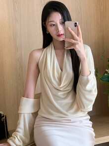 DAZY Sexy Plunging Neck Spaghetti Strap Camisole Top & Loose Cardigan 2 Pieces Set For Women - Apricot - View 6