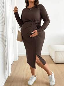 SHEIN 大码孕妇休闲纯色扭结修身连衣裙，秋季