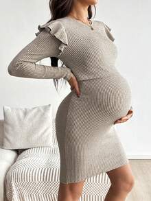 SHEIN 休闲舒适日常纯色长袖哺乳连衣裙 - 杏色 - 查看 7