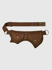ROMWE Fairycore 1pc Brown Heavy-Duty Rivet Decor Lace Zipper Dual Pocket Adjustable Width & Length Waist Bag/Crossbody Bag, Multifunctional, Retro Punk Style, Unisex For Daily, Travel, Party, Shopping - Brown - View 2