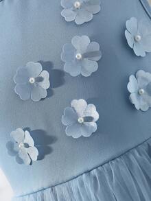 Robe sans manches élégante pour filles avec fermeture éclair à l'avant, fleurs en perles 3D décoratives, jupe plissée à ourlet en maille froncée, convient pour le port quotidien et les occasions formelles, bleu - Bleu azur - Voir 6