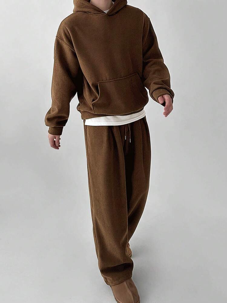 Men's Solid Brown Thick Hoodie Set, Autumn/Winter