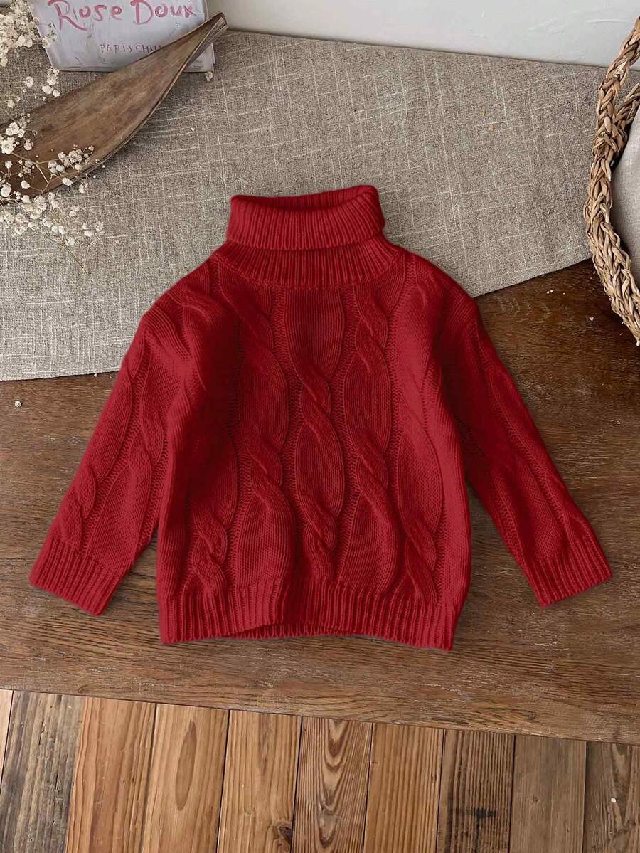SHEIN LMoss Kids LMoss Cute And Versatile Milk White Simple High Neck Long Sleeve Sweater For Baby Girls, Autumn/Winter - Burgundy - View 1