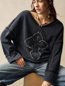 Bohemela Women's Casual Solid Color Knitted V-Neck Long Sleeve Loose Washed T-Shirt With Cross Appliques And Rhinestone Decoration - Black - View 4