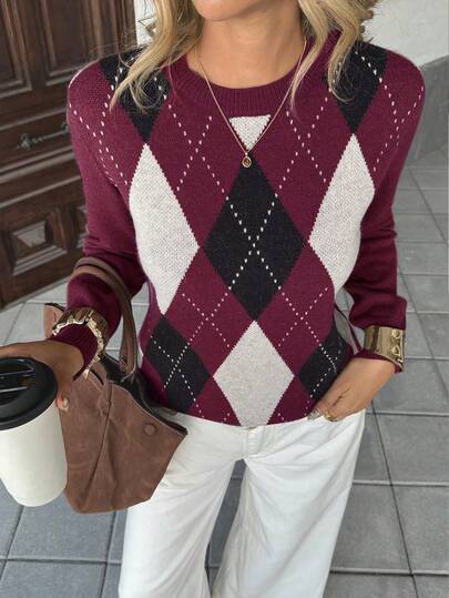 Pariaura Women's Fashionable & Elegant Rhombus Pattern Contrast Color Long Sleeve Sweater, Suitable For Autumn/Winter Outfits