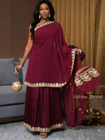 SHEIN Ladiora Women's Chiffon One-Shoulder Gold Lace Embroidered Shawl Collar Long Sleeve Dress, Elegant Luxury Party Gown, Spring/Summer