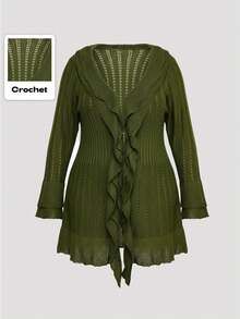 ROMWE Fairycore Plus Size Vintage Green Olive Green Double-Layer Ruffle Flare Sleeve Knit Cardigan, Autumn/Winter Plus Size Women Sweater Cardigan Jacket - Olive Green - View 1