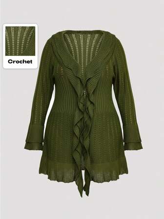 Fairycore كارديجان محبوك بأكمام واسعة مزدوجة الطبقات مع كشكشة، أخضر زيتوني، مقاسات كبيرة، كارديجان جاكيت محبوكة للنساء مقاسات كبيرة للخريف والشتاء