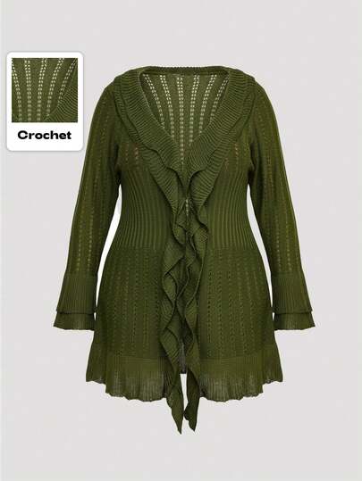 Fairycore Plus Size Vintage Green Olive Green Double-Layer Ruffle Flare Sleeve Knit Cardigan, Autumn/Winter Plus Size Women Sweater Cardigan Jacket