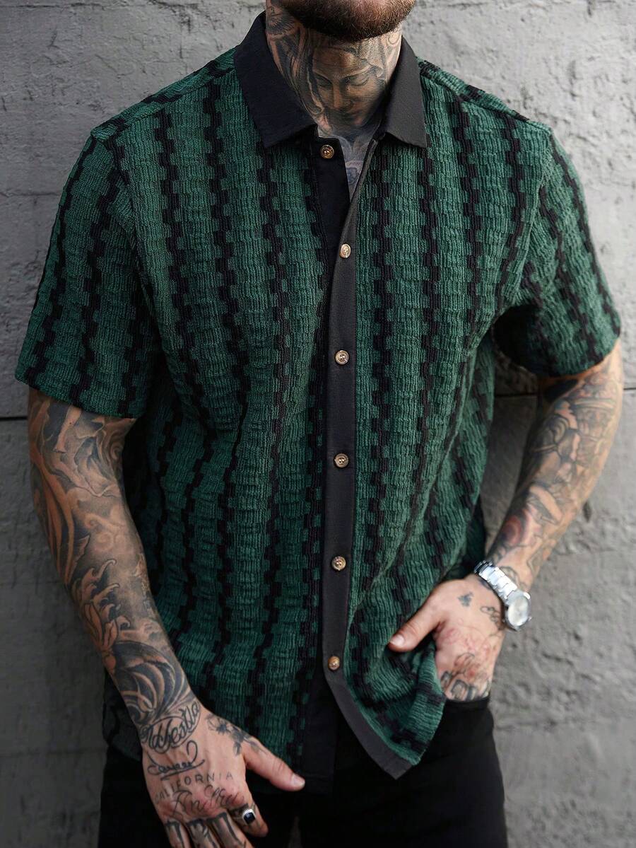 Manfinity CasualCool Men's Contrast Trim Button Front Casual Short Sleeve Shirt Men Knitted Button Up Snake Shirt Crochet Men Shirt