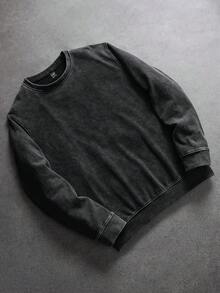 SLATEMANN Manfinity Streetrush 复古水洗休闲圆领运动衫男士街头时尚水洗长袖深灰色棉质运动衫，适合送给朋友、丈夫、男朋友的礼物，适合秋季 - 黑色 - 查看 2