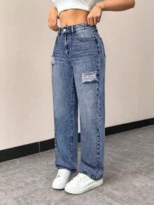 EMERY ROSE Quần jeans ống côn rách rách thường ngày - Rửa trung bình - Xem 4