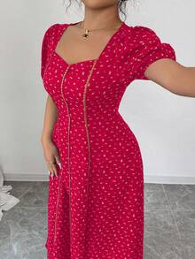 Elenzga Váy dài chữ A dệt vải cỡ lớn họa tiết hoa nhỏ thanh lịch, cắt ngẫu nhiên, cổ vuông tay bồng, viền bèo nhún eo, thời trang đa năng cho tiệc vườn, đi chơi, phong cách đặc biệt, hiệu suất cao - Đỏ - Xem 6