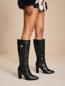 Daringsoles 女士时尚百搭通勤厚底高跟过膝长靴 - 黑色 - 查看 1