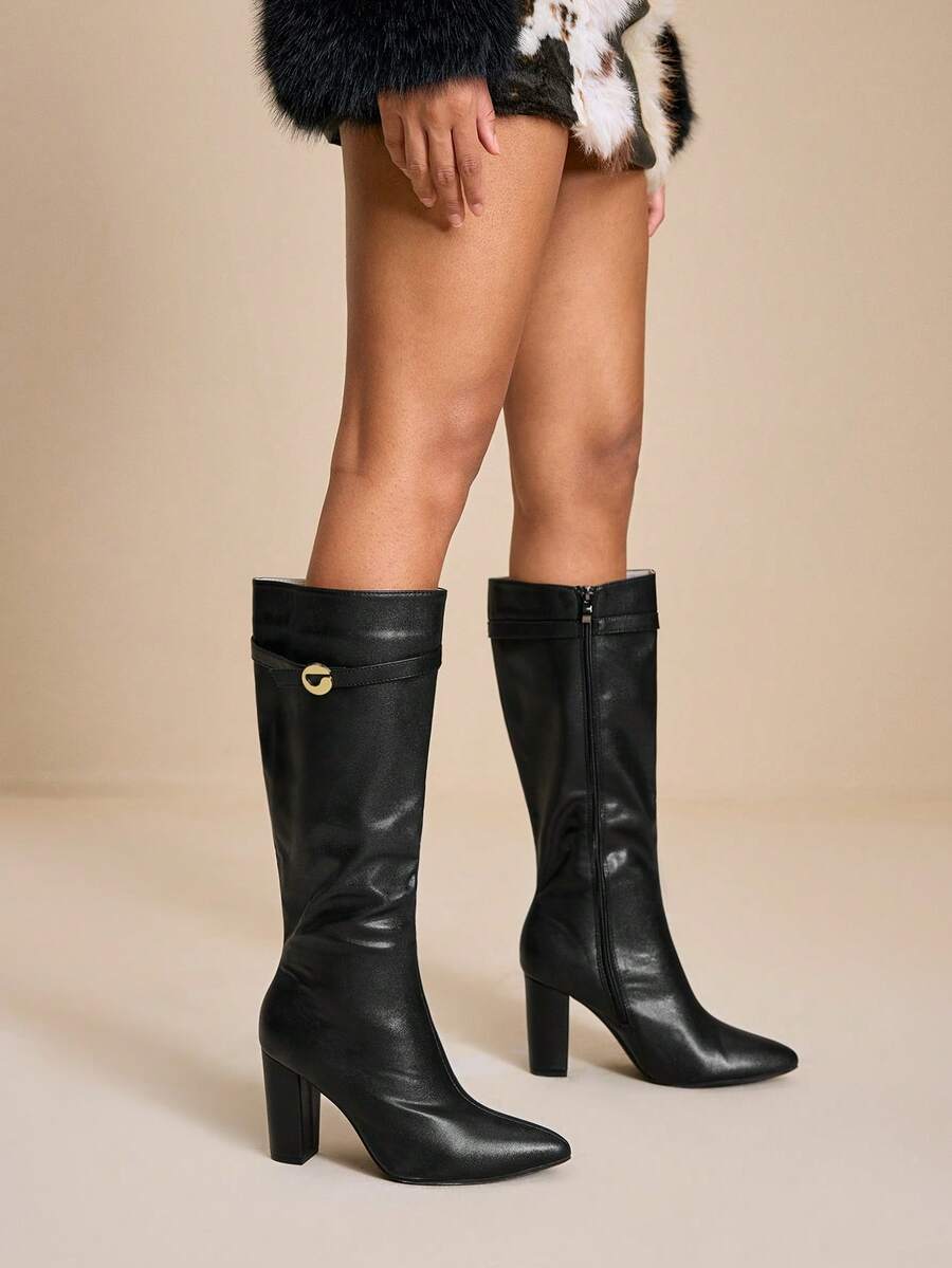 Daringsoles 女士时尚百搭通勤厚底高跟过膝长靴 - 黑色 - 查看 1