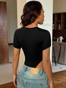 SHEIN EZwear Black Letter Printed T-Shirt Bodysuit - Black - View 2