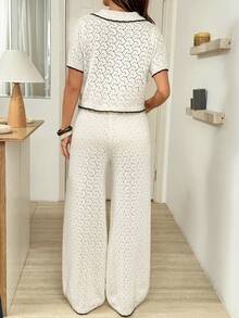 SHEIN Maternity Contrast Trim Hollow-Out Knit Top And Pants Set Lounge Sets For Women Summer Lounge Set Casual 2 Piece Set 2 Piece Pants Set Lounge Wear