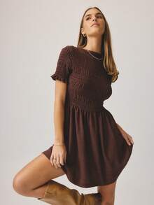 Aralina Women's Casual Solid Color Short Sleeve Ruched Front Dress - Brown - View 7